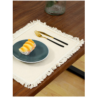 4 PCS Beige Cotton Linen Placemat with Fringe - Solid Color Table Mat for Dining (30x30cm) thumbnail