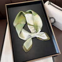 Green Pure Silk Scarf - Elegant Flower Design, Square Handkerchief (Style 1) thumbnail