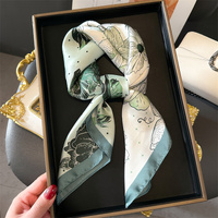 Green Pure Silk Scarf - Elegant Flower Design, Square Handkerchief (Style 3) thumbnail