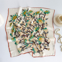 Yellow Pure Silk Scarf - Elegant Flower Design, Square Handkerchief (Style 4) thumbnail