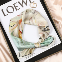 Green+White Pure Silk Scarf - Elegant Flower Design, Square Handkerchief (Style 5) thumbnail