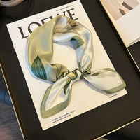 Green Pure Silk Scarf - Elegant Flower Design, Square Handkerchief (Style 6) thumbnail
