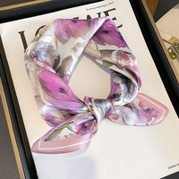 Purple Pure Silk Scarf - Elegant Flower Design, Square Handkerchief (Style 7) thumbnail