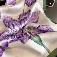 Purple Pure Silk Scarf - Elegant Flower Design, Square Handkerchief (Style 9) thumbnail