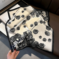 Black Pure Silk Scarf - Elegant Flower Design, Square Handkerchief (Style 10) thumbnail