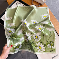 Green Pure Silk Scarf - Elegant Flower Design, Square Handkerchief (Style 11) thumbnail