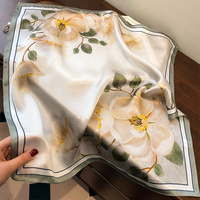 Beige Pure Silk Scarf - Elegant Flower Design, Square Handkerchief (Style 12) thumbnail