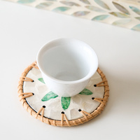 (Green Leaf Pattern) Set of 5 Rattan & Shell Coasters - Decorative & Heat Resistant thumbnail