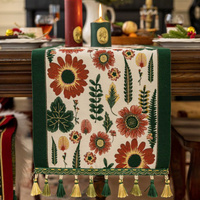 35x260cm Green Pastoral Table Runner - Spring Floral Oil Painting Style with Tassels thumbnail