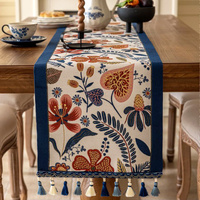 35x330cm Blue Pastoral Table Runner - Spring Floral Oil Painting Style with Tassels thumbnail