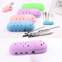 2 Pcs Green Portable Makeup Brush Holder - Silicone Cosmetic Organizer with 21 Slots, Washable, 20x8x5cm, 170g(makeup brush not included) thumbnail