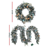 Jingle Jollys 2.7m Christmas Garland with Wreath Set LED Lights Snowy Xmas Decor thumbnail