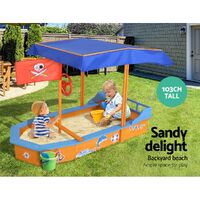 Keezi Kids Sandpit Wooden Boat Sand Pit with Canopy Bench Seat Beach Toys 150cm thumbnail