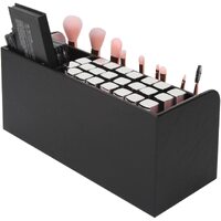 Leather Makeup Brush Cosmetic Organiser Storage Box with Pink Pearls, Acrylic Cover and 3 Compartments(Black) thumbnail