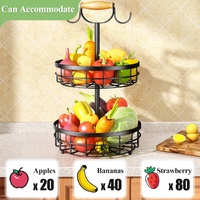 2-Tier Fruit Basket Bowl Storage with Wood Lift Handle and Dual Banana Tree Hanger for Kitchen Countertop thumbnail