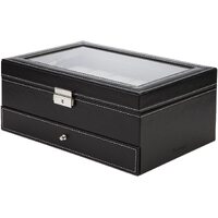 Black Leather Watch Box Jewelry Display Case with Drawers (12 Slots with 2 Layers) thumbnail