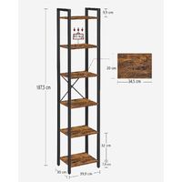 Small 6-Tier Industrial Bookshelf, Rustic Brown, Black thumbnail