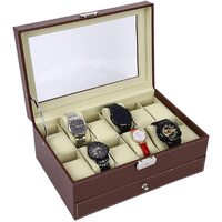 12 Slot PU Leather Lockable Watch and Jewelry Storage Boxes (Brown) thumbnail