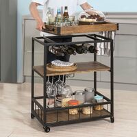 Industrial Vintage Style Wood Metal 3 Tiers Kitchen Serving Trolley with Wine Rack (Brown) thumbnail