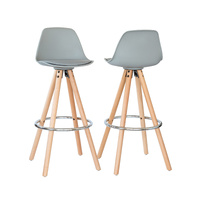 2 PU Leather Padded Barstools (Light Grey/Wood) with Metal Footrest thumbnail
