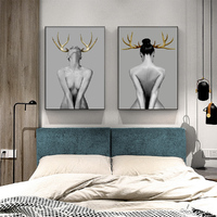 Wall Art 40cmx60cm Girl With Gold Horn 2 Sets Black Frame Canvas thumbnail