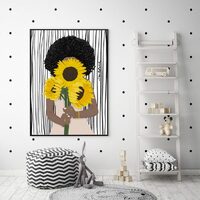Wall Art 100cmx150cm African Woman Sunflower Black Frame Canvas thumbnail