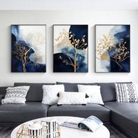 Wall Art 40cmx60cm Navy and Gold Watercolor Shapes 3 Sets Black Frame Canvas thumbnail