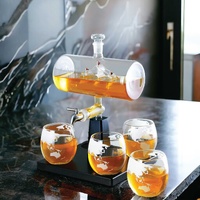 1L Whiskey or Wine Sailboat Glass Decanter Set - 4x Globe Glasses + Wooden Stand thumbnail