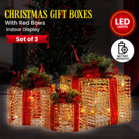 Swishmas Set Of 3 Christmas Gift Boxes With Lights - Champagne With Red Bows thumbnail