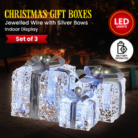 Swishmas Set Of 3 Christmas Gift Boxes With Lights With Jewelled Wire And Silver Bows thumbnail