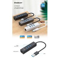 Simplecom CHN420 Aluminium 3 Port SuperSpeed USB HUB with Gigabit Ethernet Adapter Black thumbnail