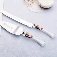 Bride Groom Cake Server Set Wedding Cake Knife and Silver Blade Server Set Boxed - Bride Groom Handles thumbnail