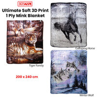 375gsm 1 Ply 3D Print Faux Mink Blanket Queen 200x240 cm Winter Wolf thumbnail
