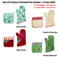 Set of 100% Cotton Printed Oven Mitt + Pot Holder Aqua Birds thumbnail
