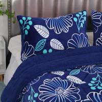 Ramesses Blue Flower Printed Sherpa Flannel Fleece Reversible Blanket Set Queen/King thumbnail