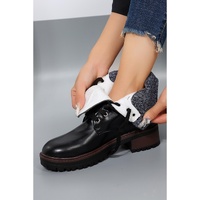 Black Knitted Patched Lace-up Heeled Ankle Boots - 40 EU thumbnail