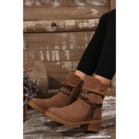 Chestnut Suede Woven Lace-up Strap Side Zip Boots - 37 EU thumbnail