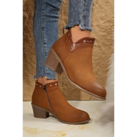 Chestnut Studded Faux Leather Chunky Heel Ankle Boots - 40 EU thumbnail