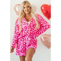 Pink Flower Print Long Sleeve Shirt Shorts Pajamas Set - M thumbnail
