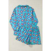 Green Flower Print Long Sleeve Shirt Shorts Pajamas Set - M thumbnail