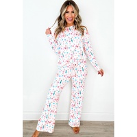 White Christmas Pattern Long Sleeve Top and Wide Leg Pants Set - L thumbnail