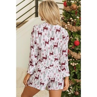 White Christmas Deer Printed Shirt and Shorts Lounge Set - S thumbnail