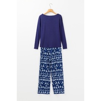 Blue Solid Top and Christmas Pants Two Piece Lounge Set - S thumbnail