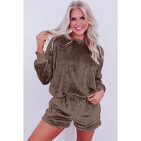Coffee Solid Loose Fit Two Piece Fleece Lounge Set - XL thumbnail