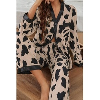 Khaki Cheetah Contrast Trim Loose Fit Two Piece Sleepwear - M thumbnail
