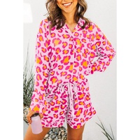 Pink Leopard Print Long Sleeve Shirt and Shorts Pajama Set - M thumbnail
