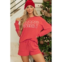 Racing Red Corded MERRY Graphic Long Sleeve Top and Shorts Set - L thumbnail