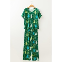 Green Christmas Tree Print V Neck Tee and Pants Lounge Set - L thumbnail