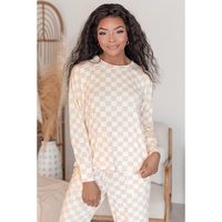 Beige Checkered Print Long Sleeve Top and Pants Lounge Set - M thumbnail