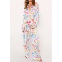 White Bow Knot Print Lapel Collar Wide Leg Satin Pajama Set - L thumbnail